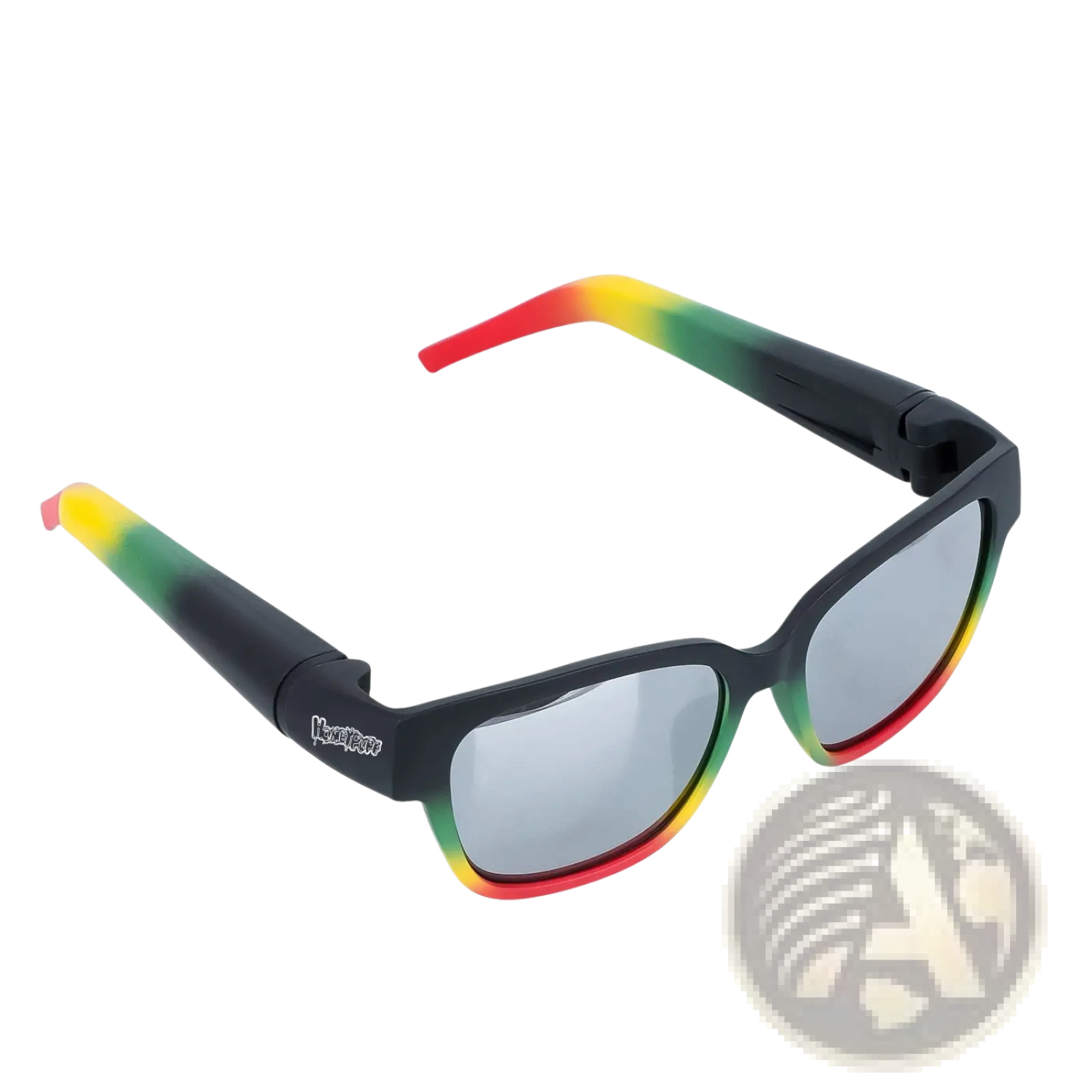Multifunctional rectangular sunglasses with black frames and removable storage tube featuring red yellow and green accents