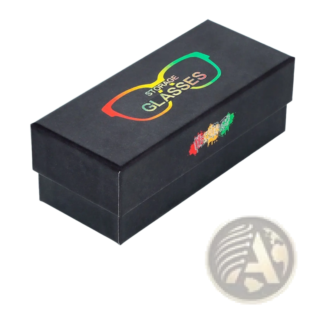 Black multifunctional rectangular sunglasses case with removable storage tube featuring rainbow glasses logo and colorful paint splatter design