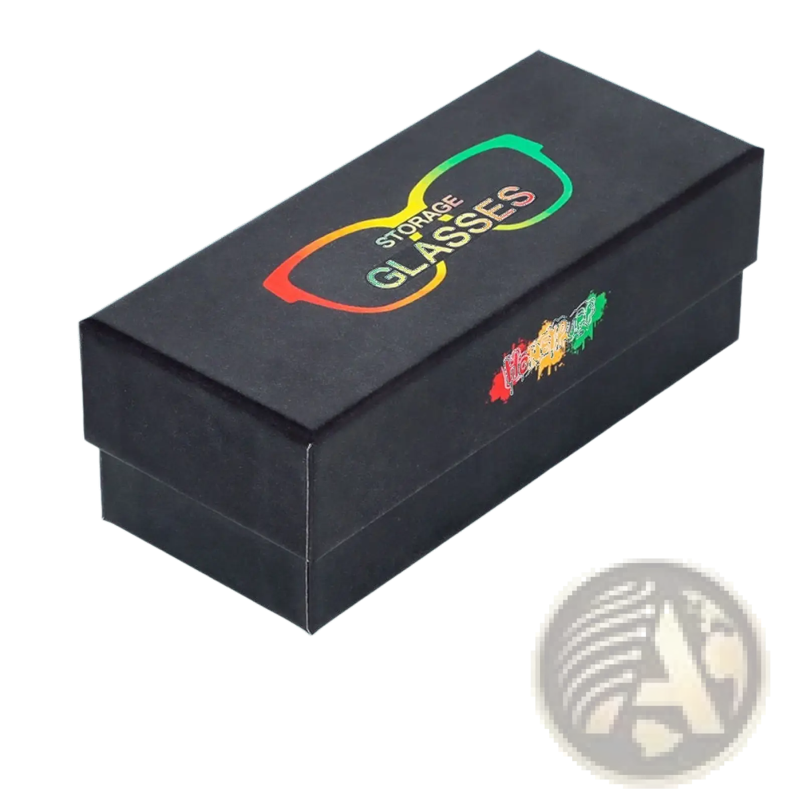 Black multifunctional rectangular sunglasses case with removable storage tube featuring rainbow glasses logo and colorful paint splatter design