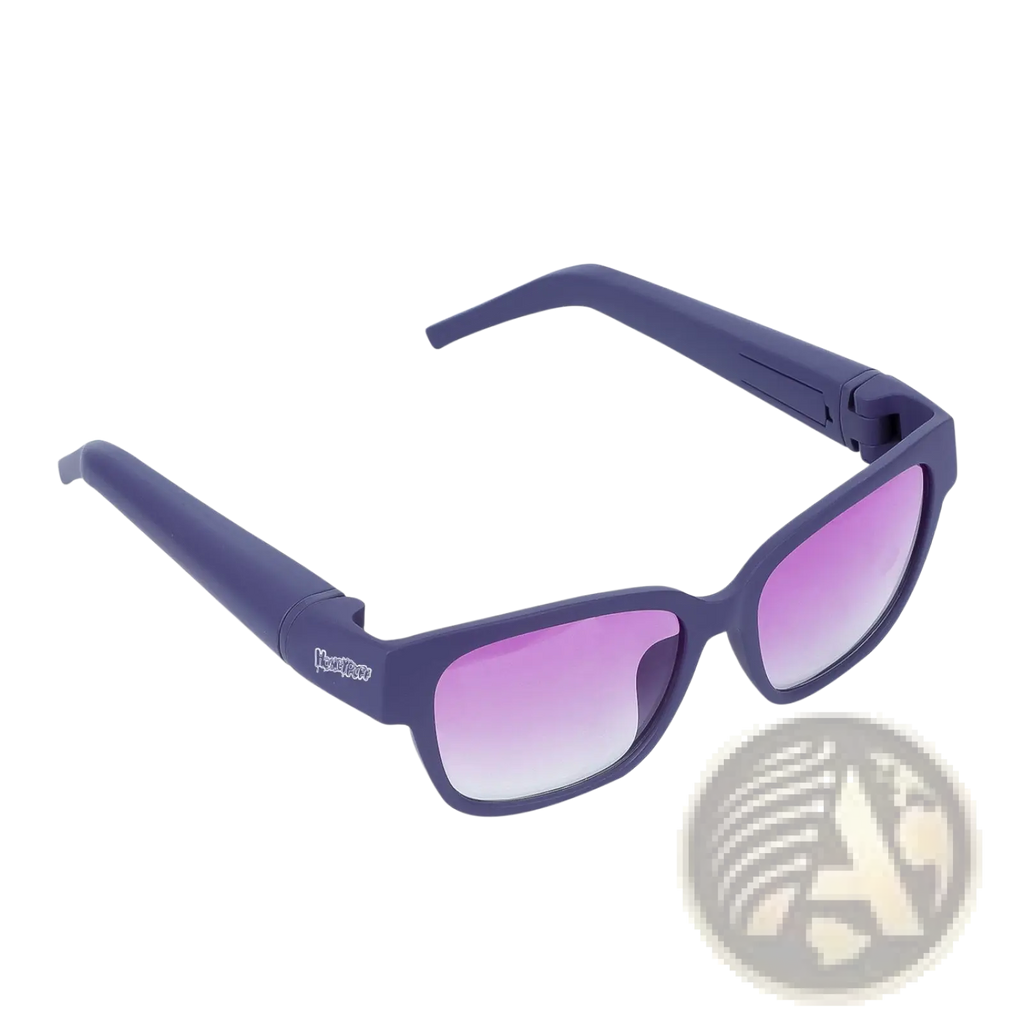 Multifunctional rectangular sunglasses with purple frames and gradient pink-to-white lenses featuring removable storage tube