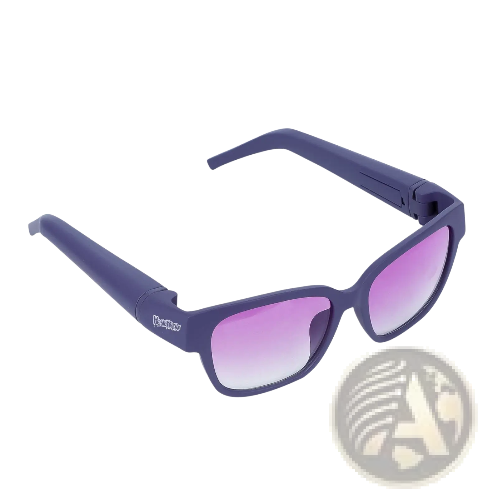 Multifunctional rectangular sunglasses with purple frames and gradient pink-to-white lenses featuring removable storage tube
