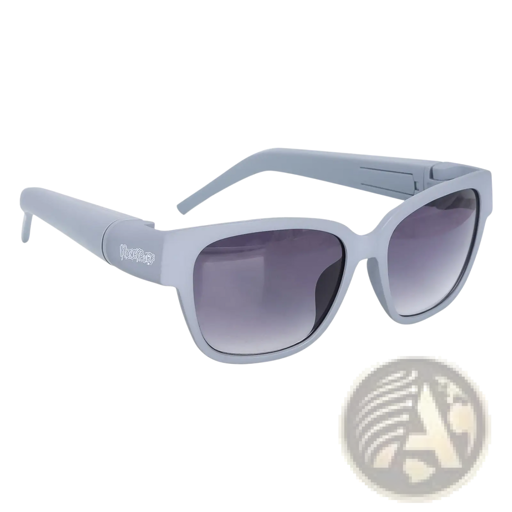 Light gray multifunctional rectangular sunglasses with gradient dark gray lenses and removable storage tube