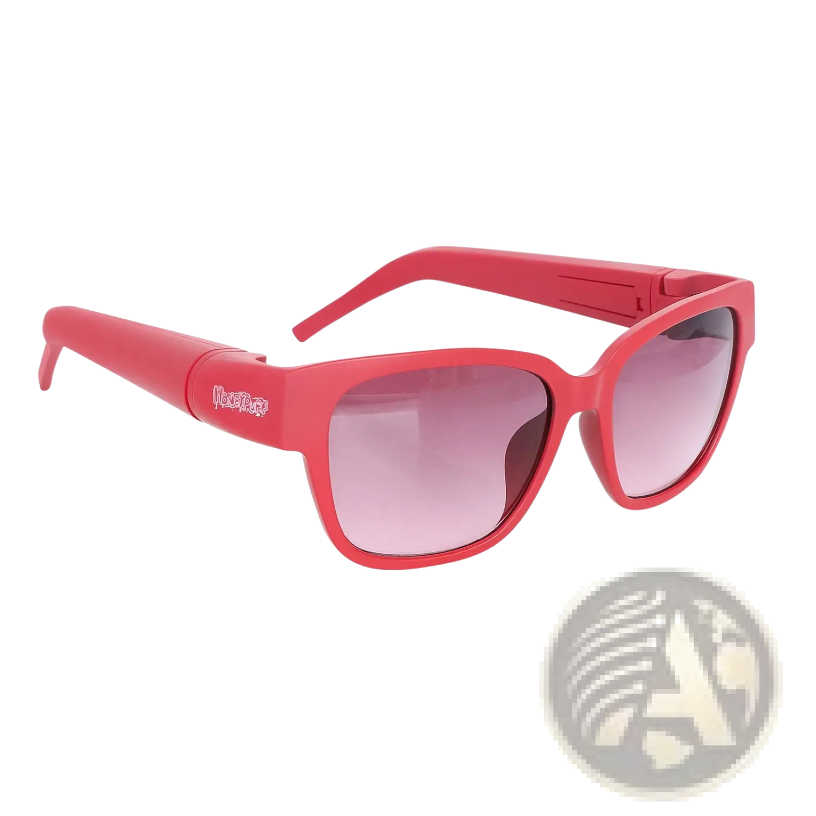 Multifunctional rectangular sunglasses with bright red frames and gradient pink to gray lenses with removable storage tube