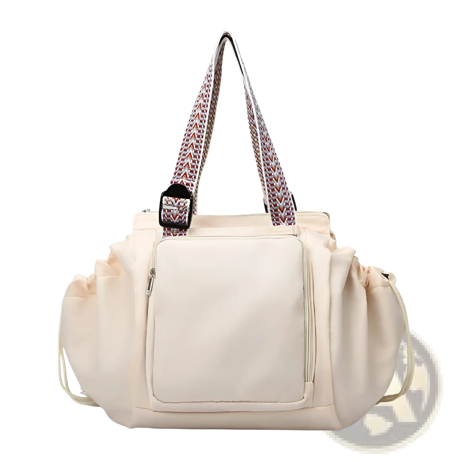 Cream-colored multifunctional waterproof nylon tote bag with patterned woven straps and a front zippered pocket