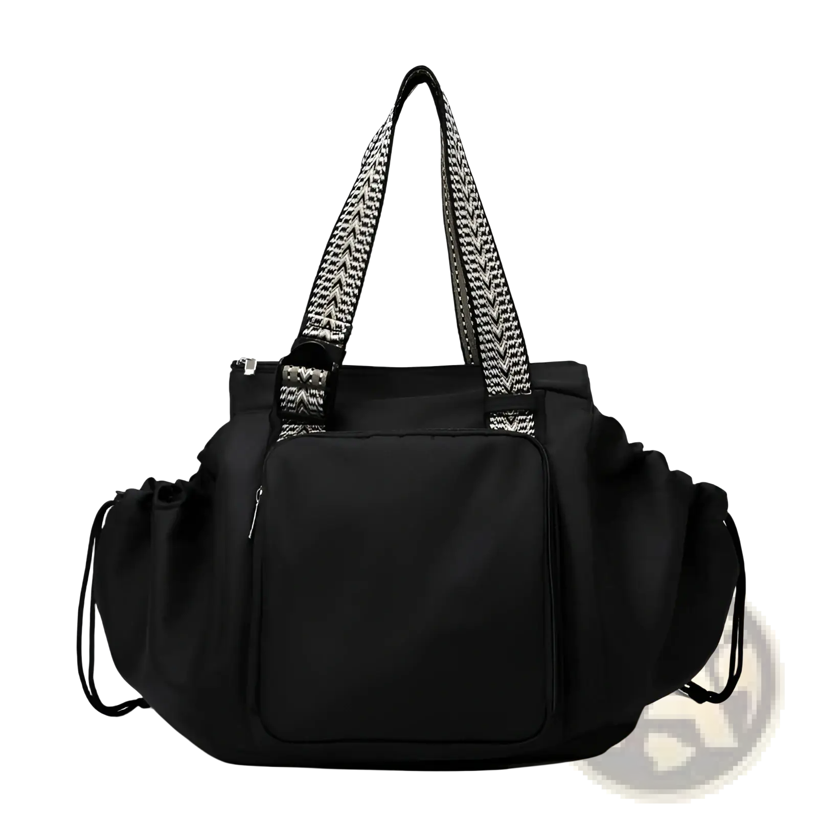 Black waterproof nylon multifunctional tote and backpack with patterned shoulder straps and side drawstrings