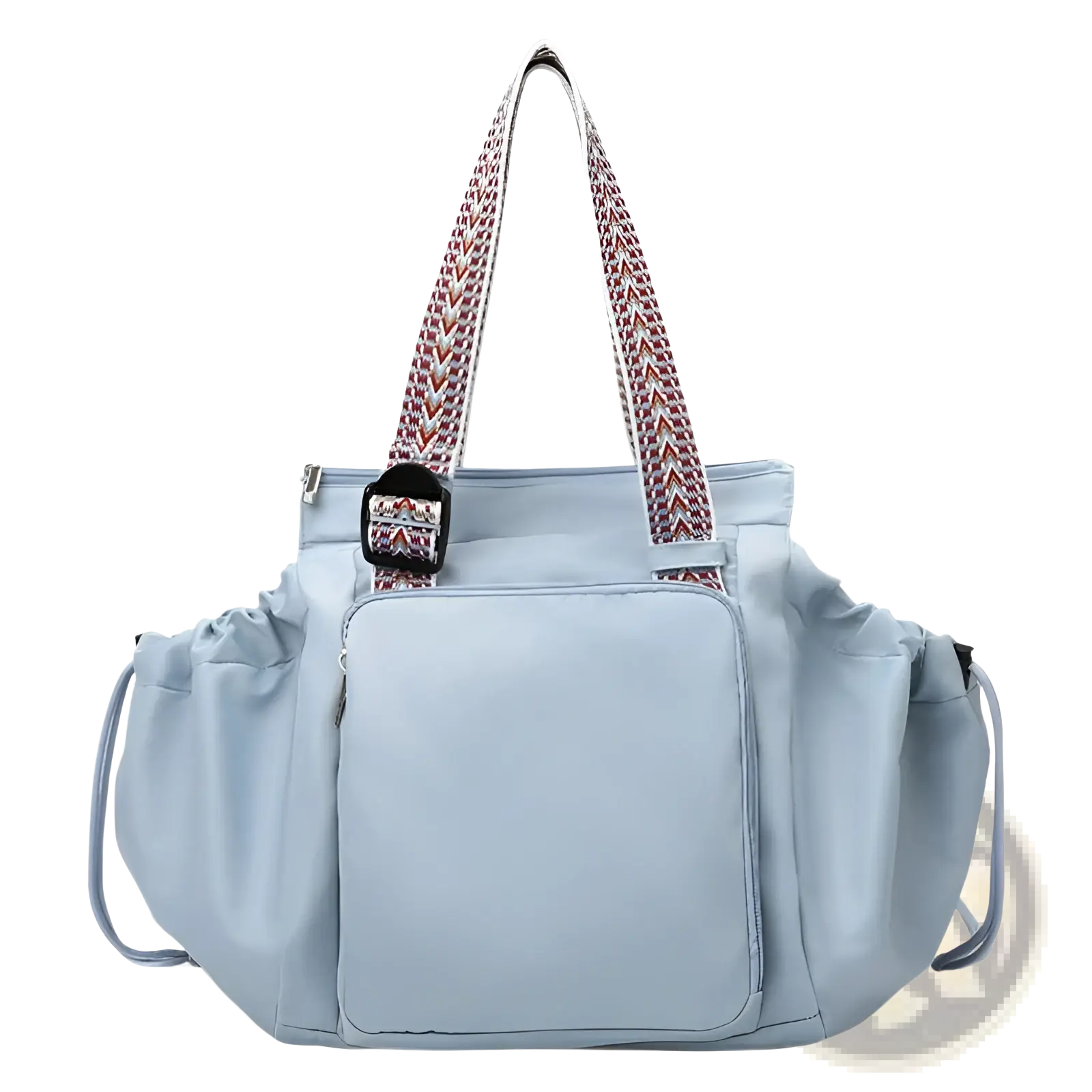 Light blue multifunctional waterproof nylon diaper bag tote and backpack with patterned red and white woven straps