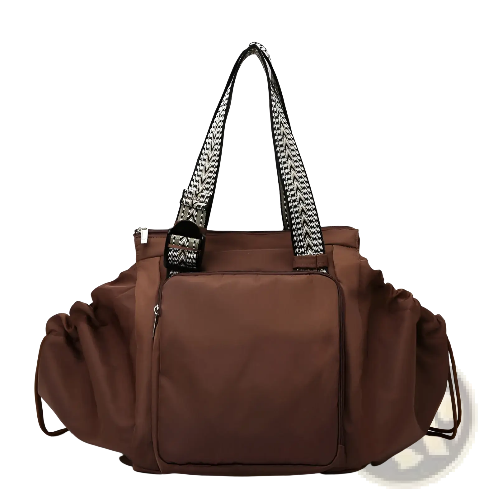 Brown multifunctional waterproof nylon duffel bag with black and white herringbone-patterned shoulder straps