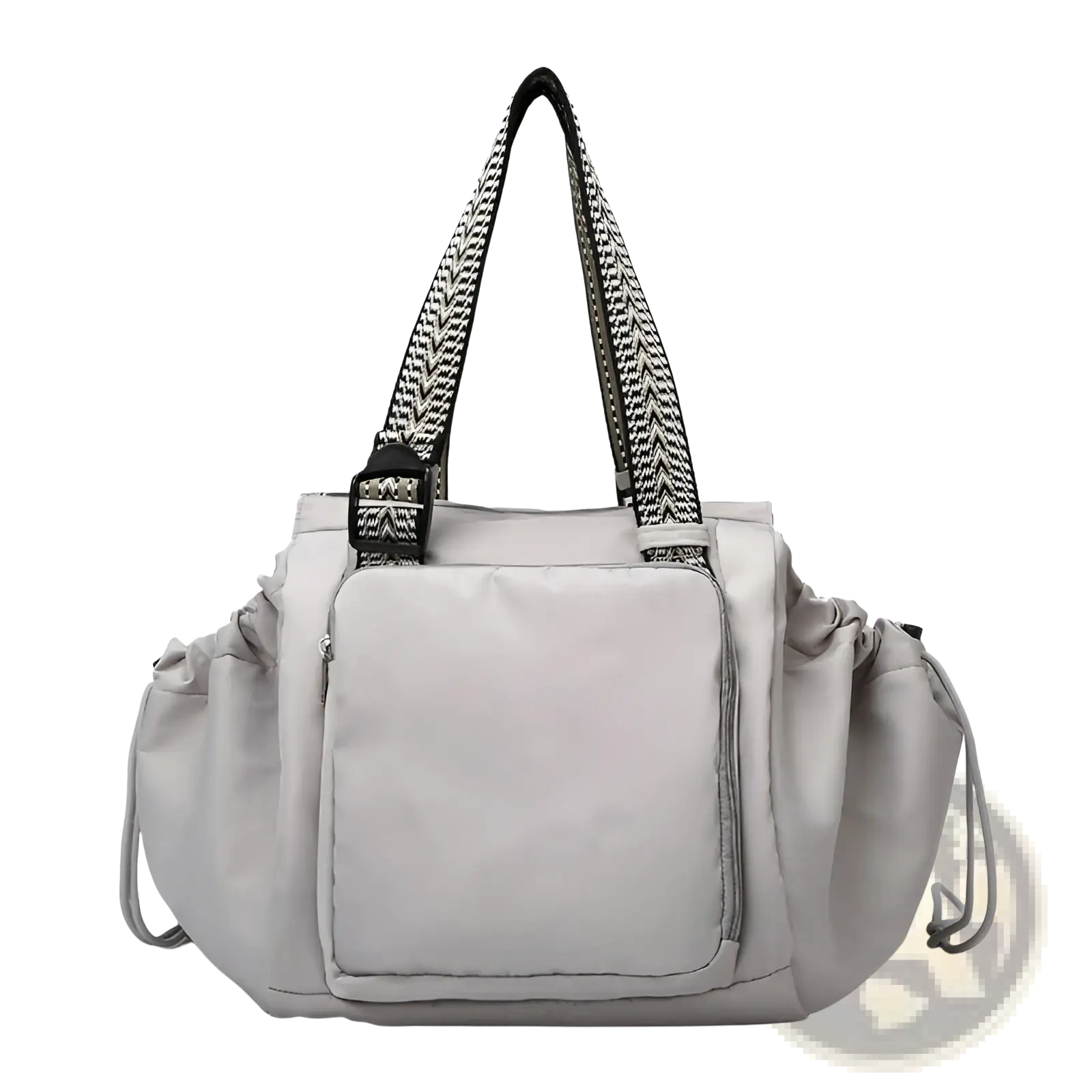 Multifunctional waterproof nylon light gray duffel bag with black and white herringbone shoulder straps