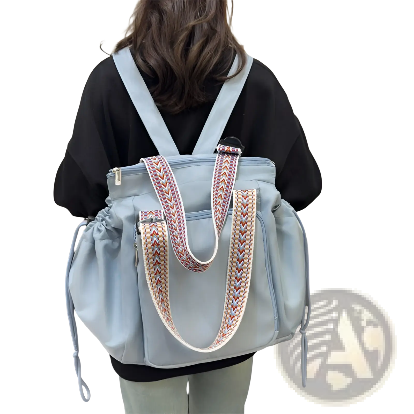Light blue canvas multifunctional waterproof nylon tote and backpack with braided straps and geometric pattern