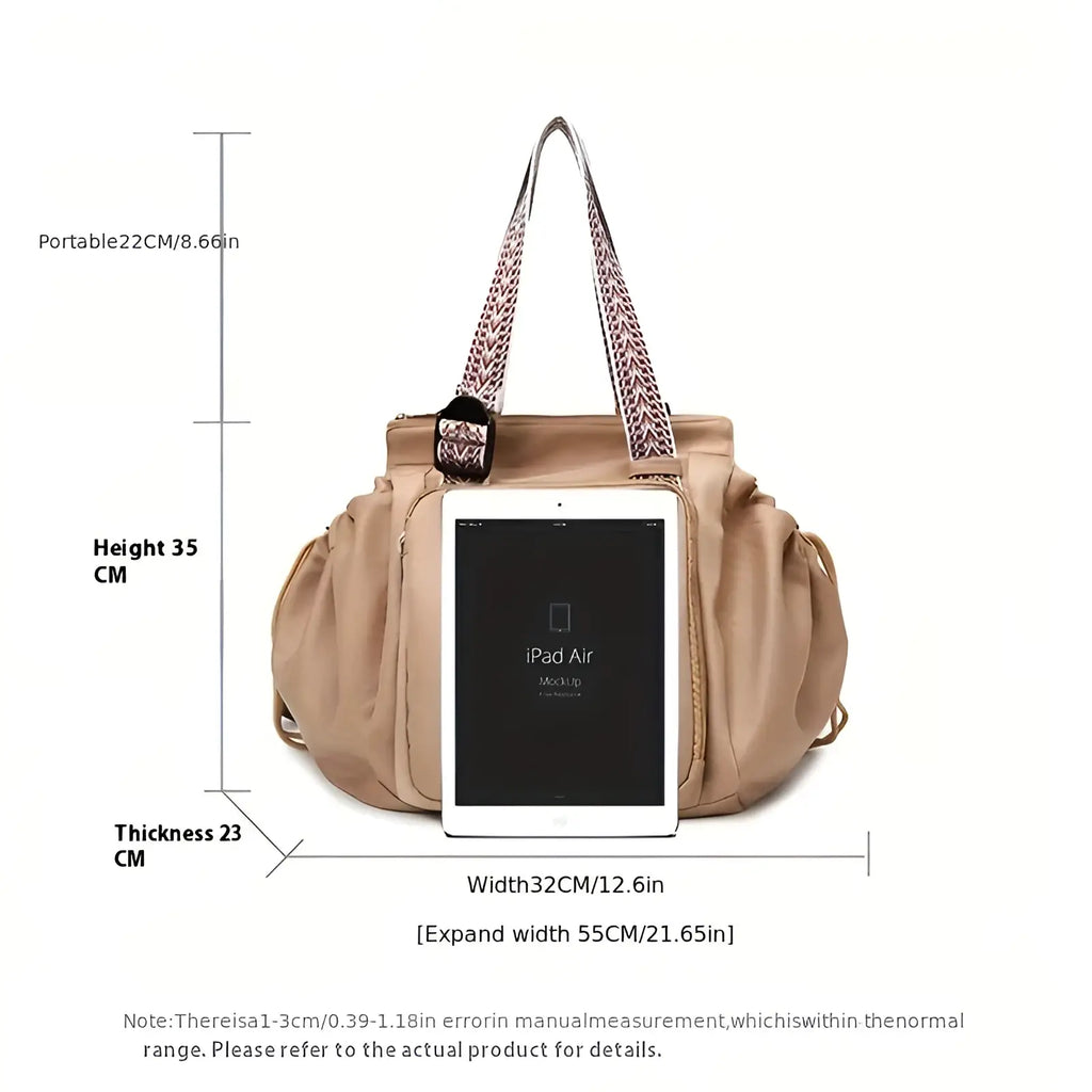 Beige nylon multifunctional waterproof tote with patterned shoulder straps and front pocket for carrying an iPad Air