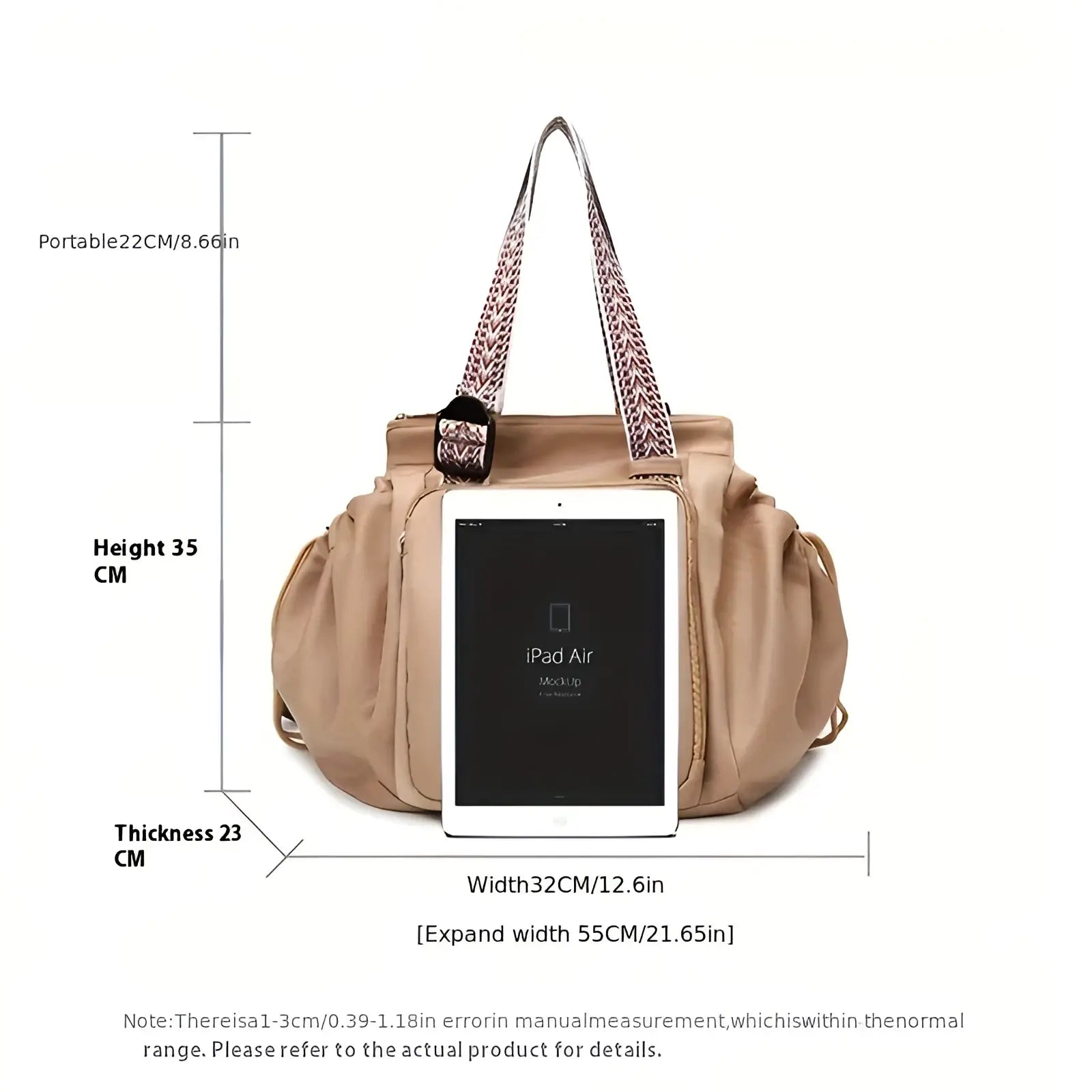 Beige nylon multifunctional waterproof tote with patterned shoulder straps and front pocket for carrying an iPad Air