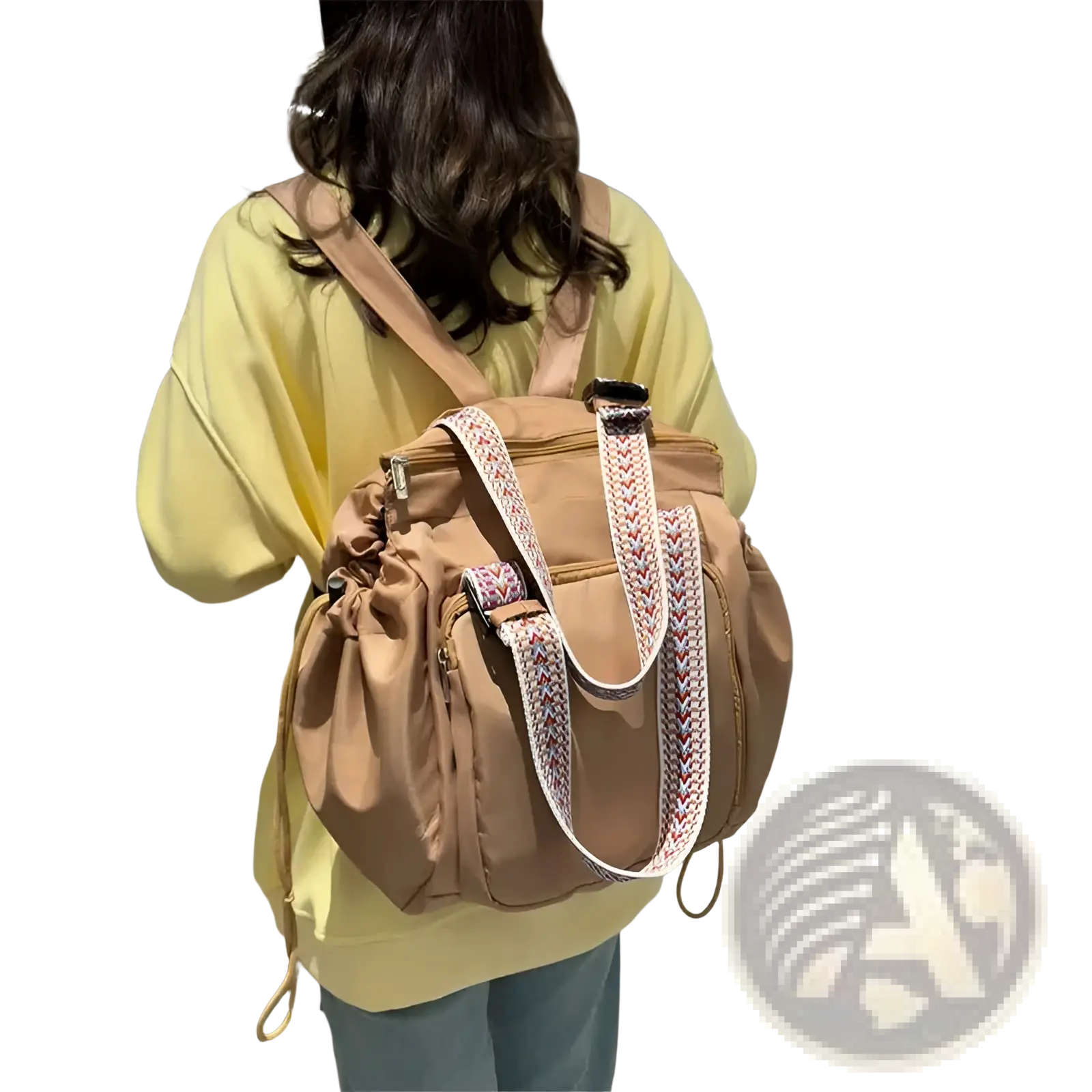 Beige multifunctional waterproof nylon tote and backpack with woven strap accents and multiple pockets