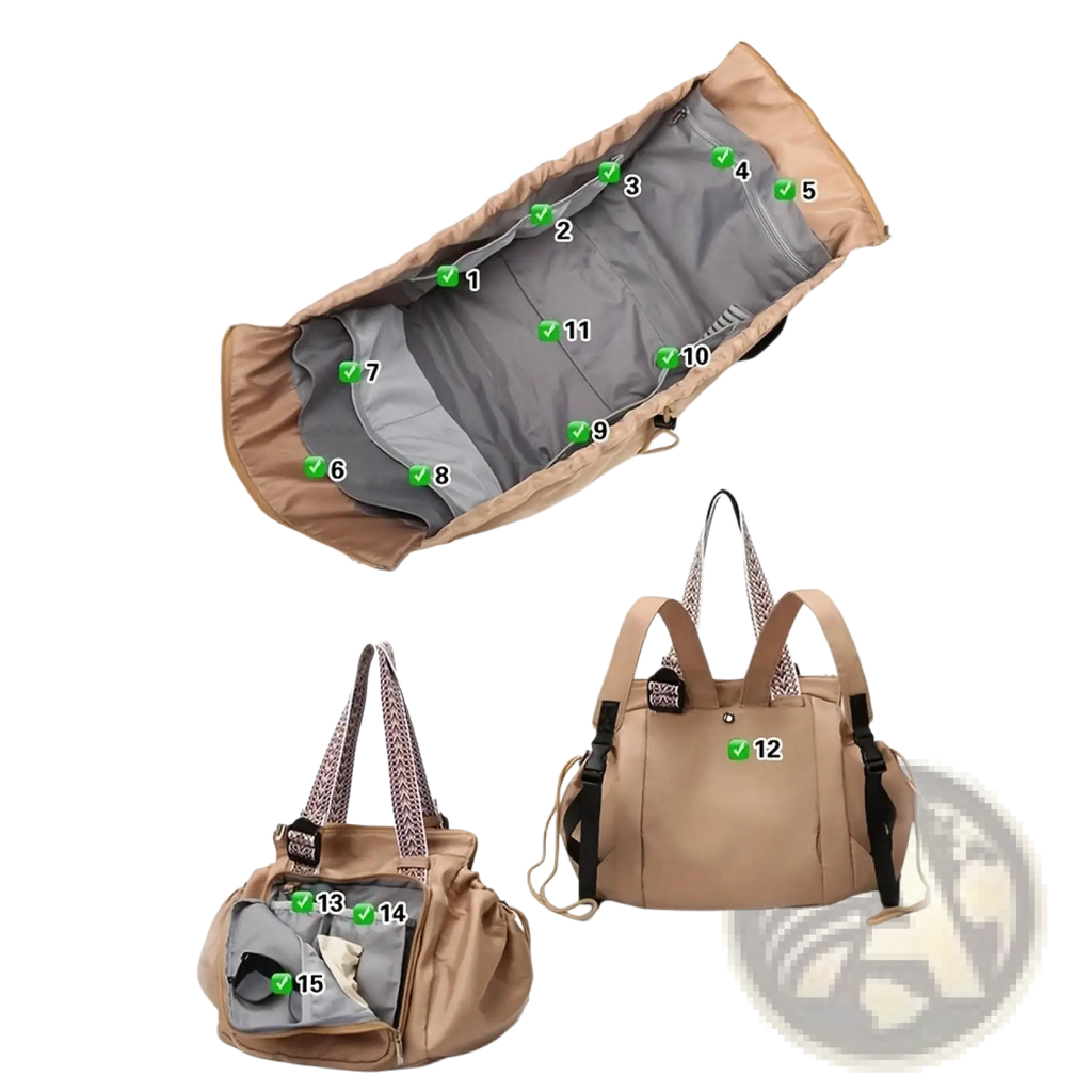 Beige and gray multifunctional waterproof nylon tote and backpack with 15 pockets including doraemon-themed pocket