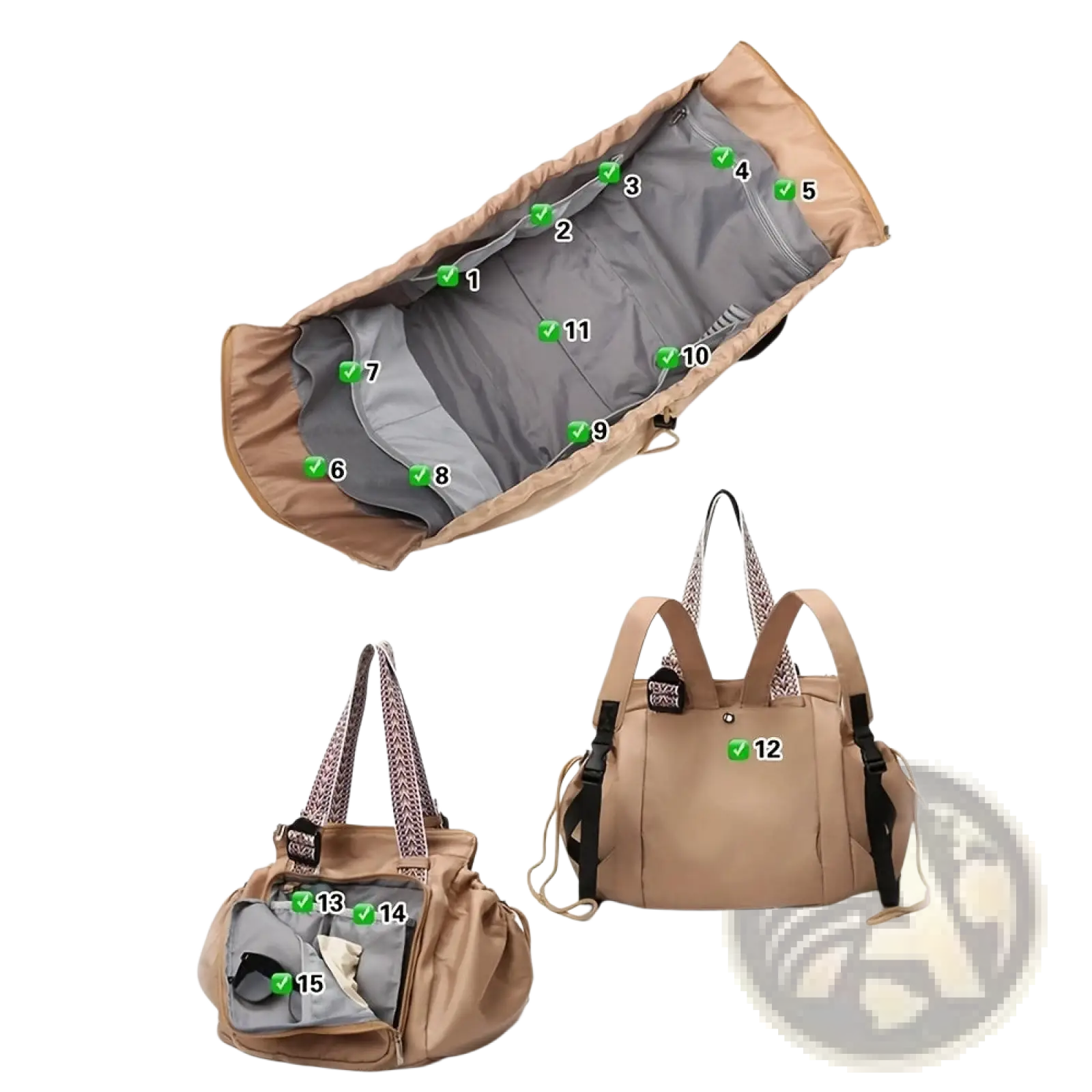 Beige and gray multifunctional waterproof nylon tote and backpack with 15 pockets including doraemon-themed pocket