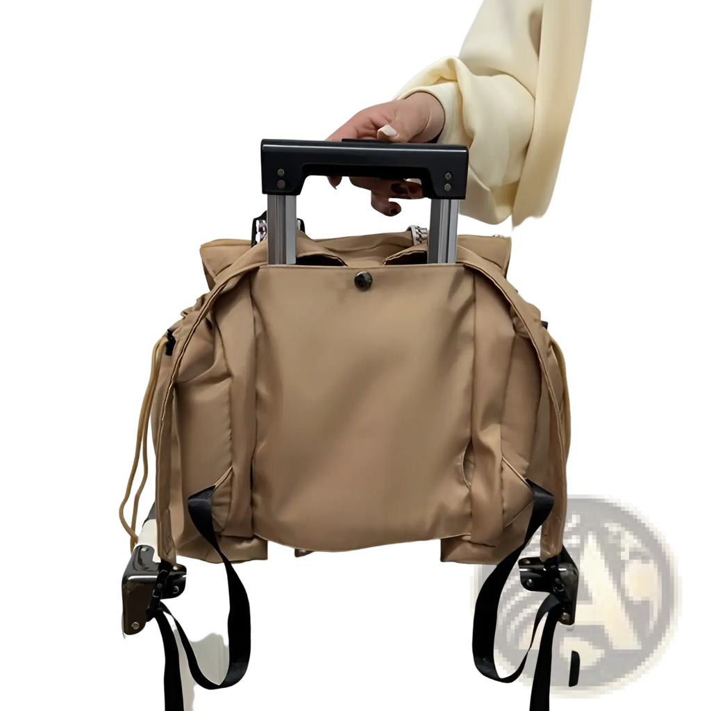 Beige multifunctional waterproof nylon backpack with black straps and retractable handle for rolling suitcases shown from back side
