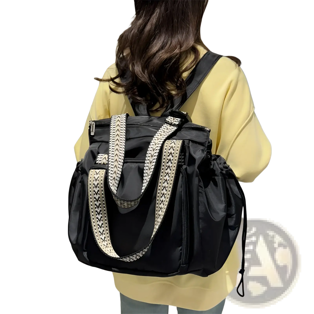 Black multifunctional waterproof nylon backpack with white and black zigzag-patterned shoulder straps backside view