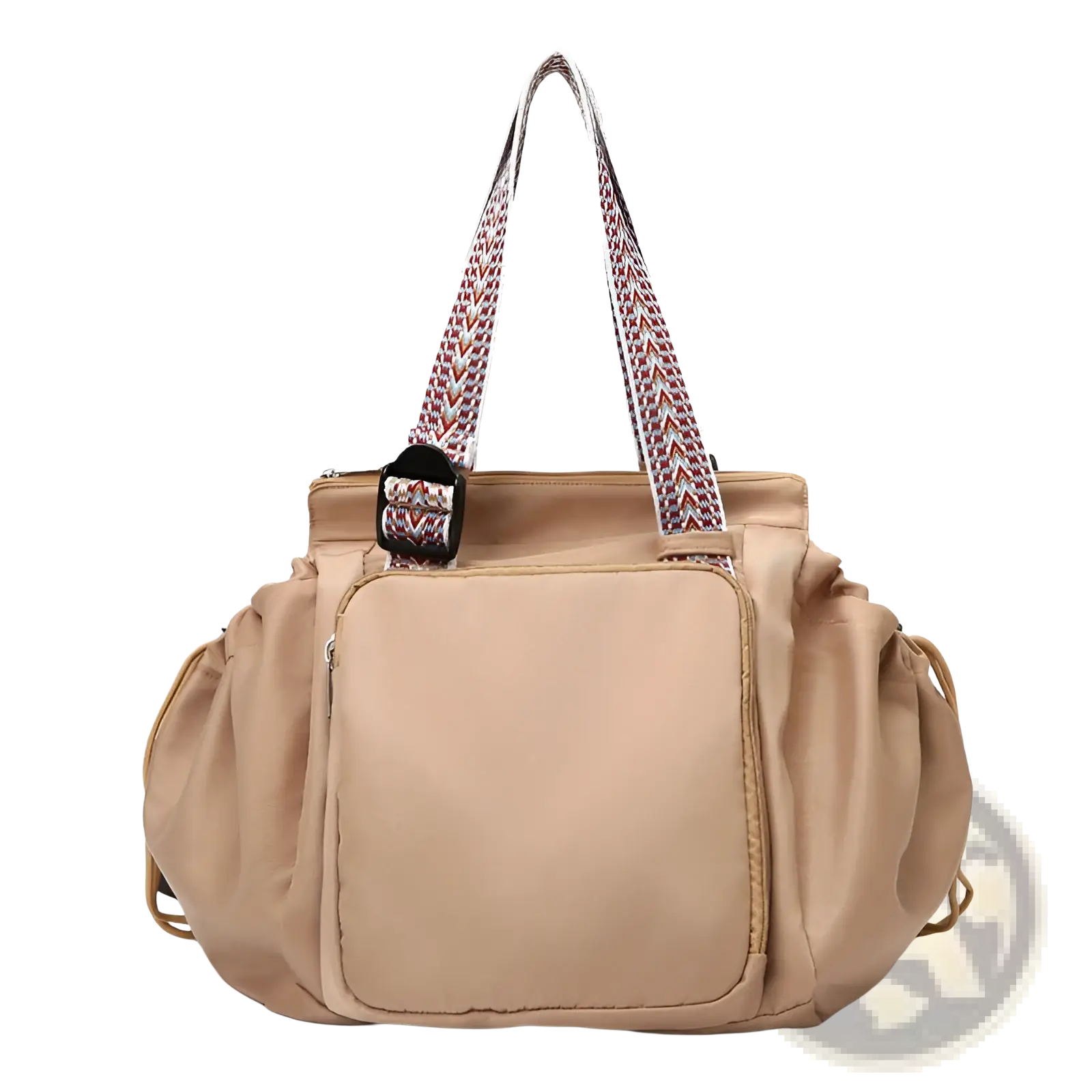 Beige multifunctional waterproof nylon tote and backpack with patterned woven straps and front zippered pocket