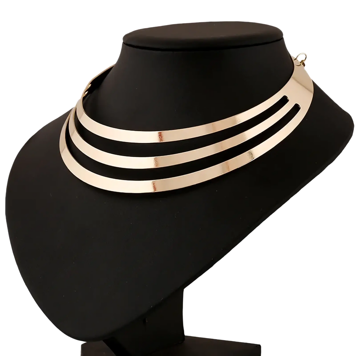 Multilayer gold choker necklace with three parallel sleek metallic bands in a punk chain style