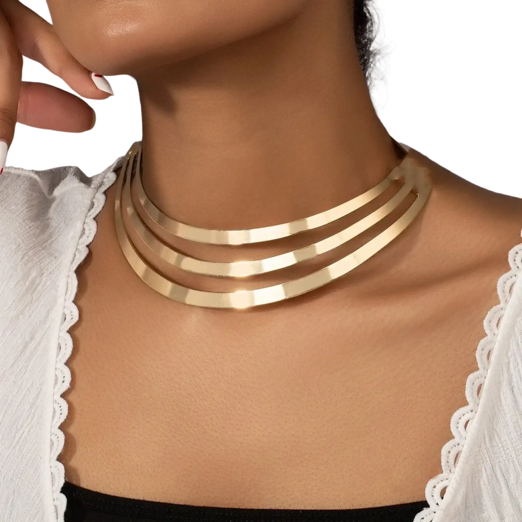 Multilayer gold choker necklace featuring a sleek metallic finish and punk chain design in gold tone