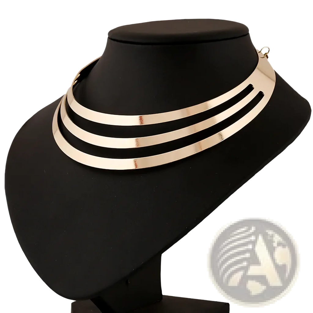 Multilayer gold choker necklace with three parallel sleek metallic bands in a punk chain style