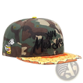 Camouflage-patterned flat brim snapback cap with embroidered the munchies logo and pizza-slice design on the brim