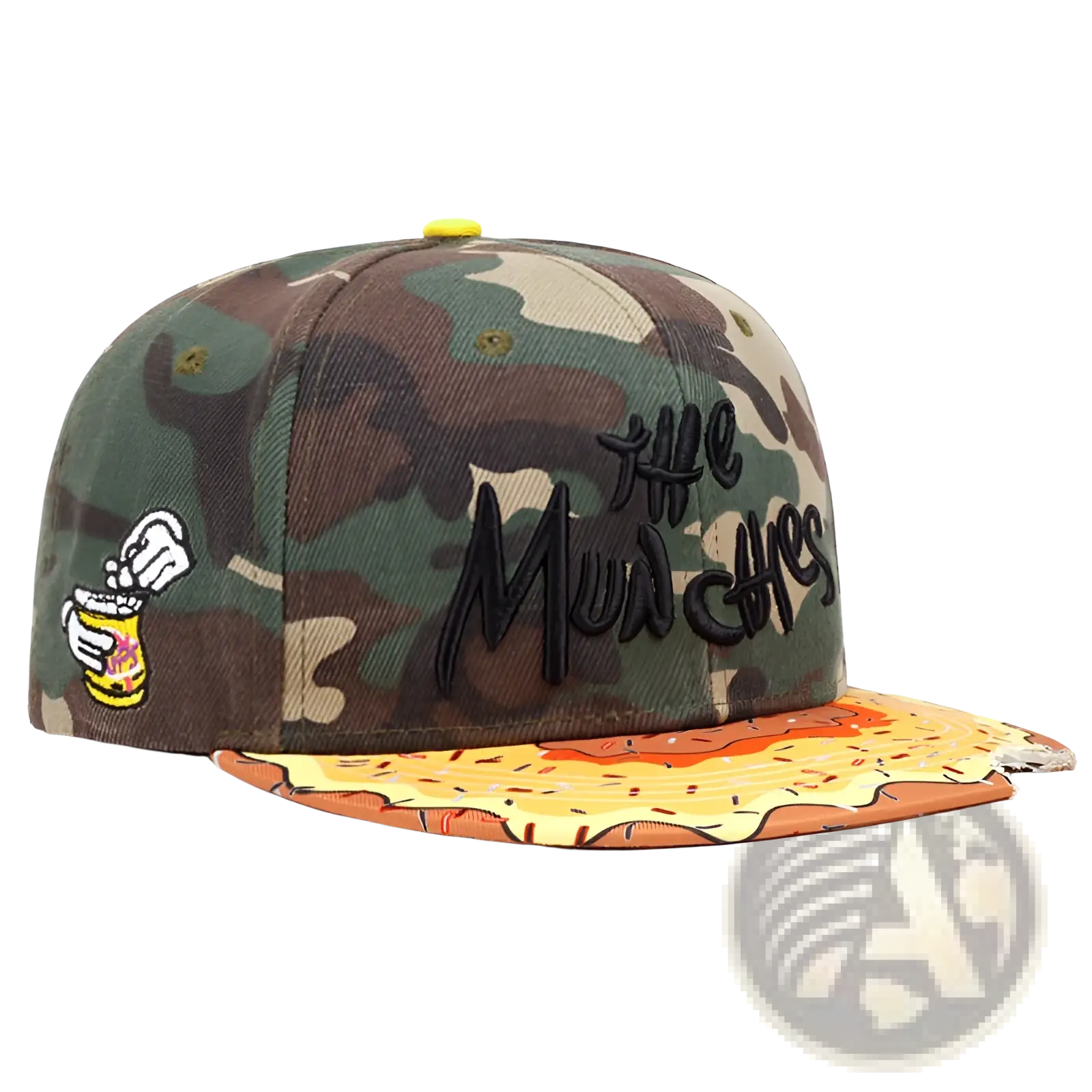 Camouflage-patterned flat brim snapback cap with embroidered the munchies logo and pizza-slice design on the brim