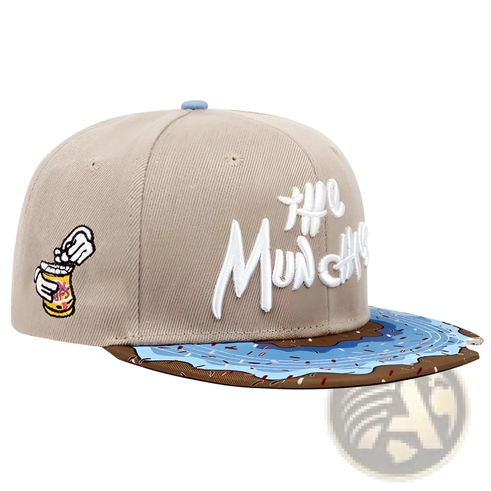 Beige flat brim snapback cap embroidered with the munchies text and cartoon patch featuring peanut butter jar and blue ice cream swirl