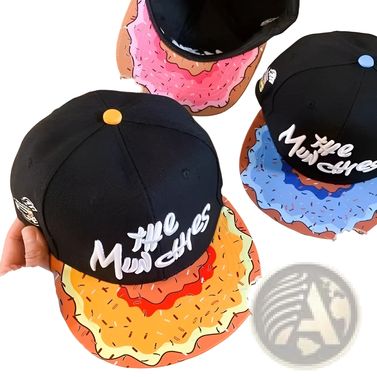 Black embroidered flat brim snapback cap with the munchies text and a colorful hand-painted burger on brim