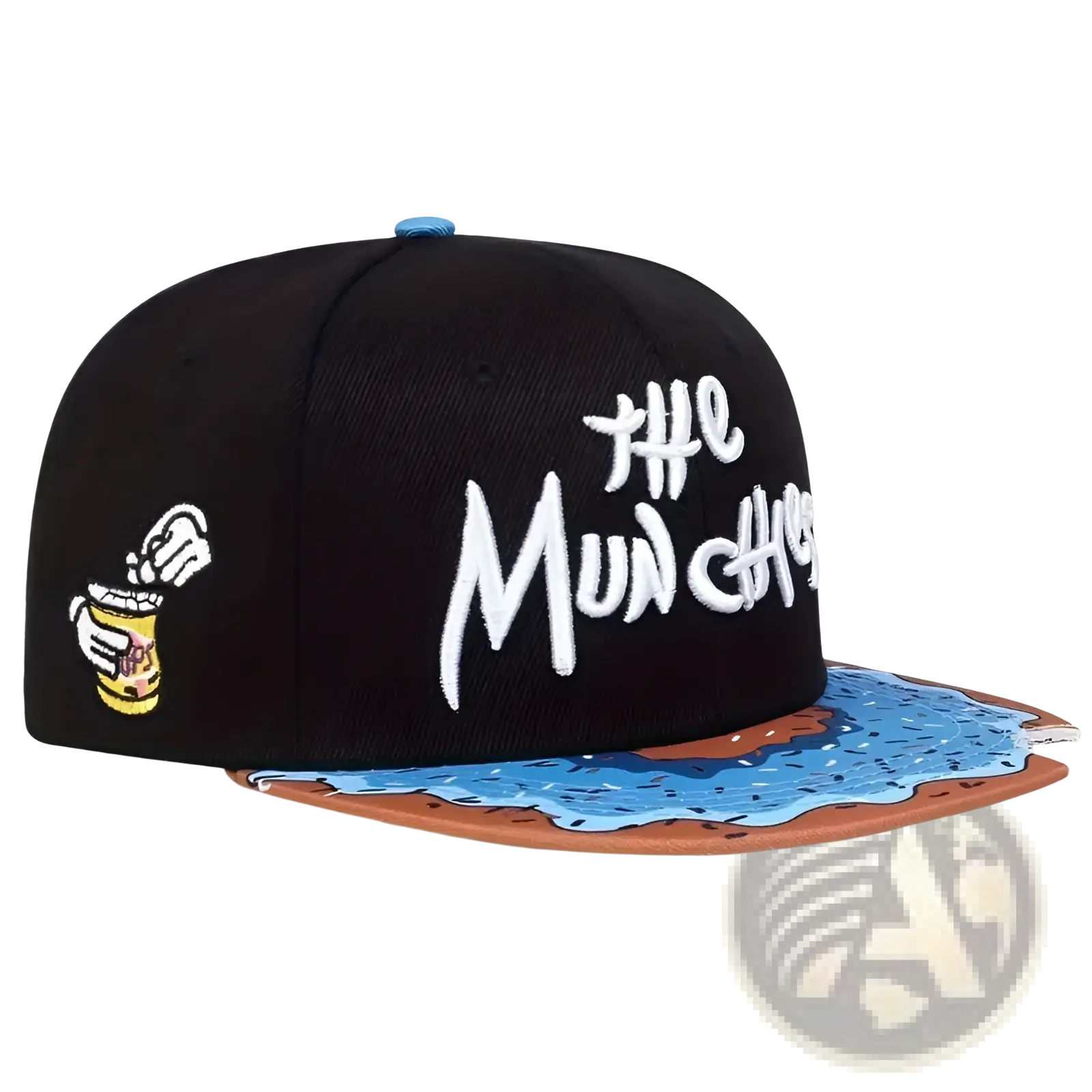 Black snapback cap with white embroidered the munchies text, cartoon hand patch, and melted chocolate flat brim