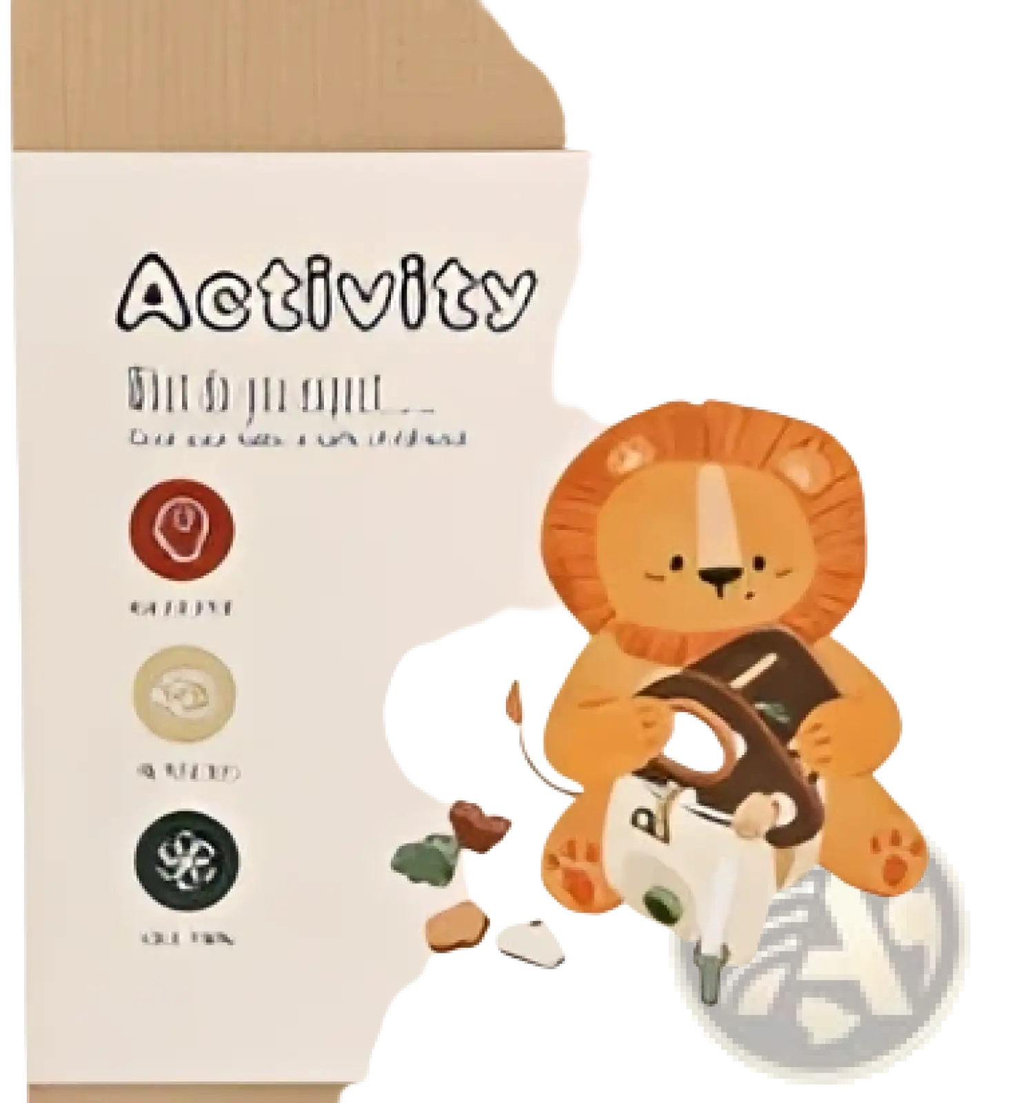 Mushroom 5 in 1 wooden activity cube toy featuring a colorful plush lion with soft orange fur and embroidered details