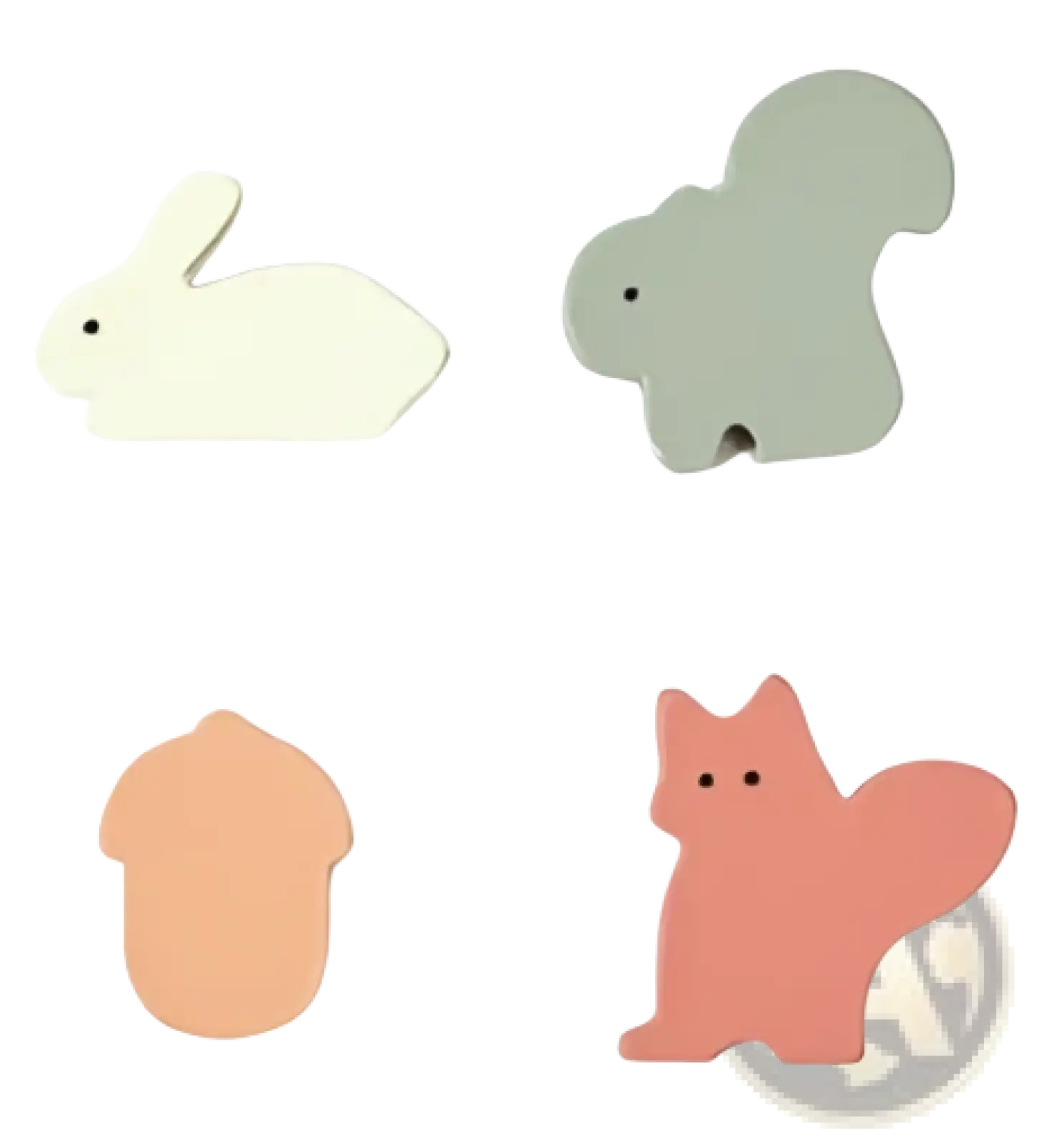 Pastel-colored wooden animal-shaped magnets in white gray peach and coral tones for mushroom 5 in 1 wooden activity cube puzzle toy