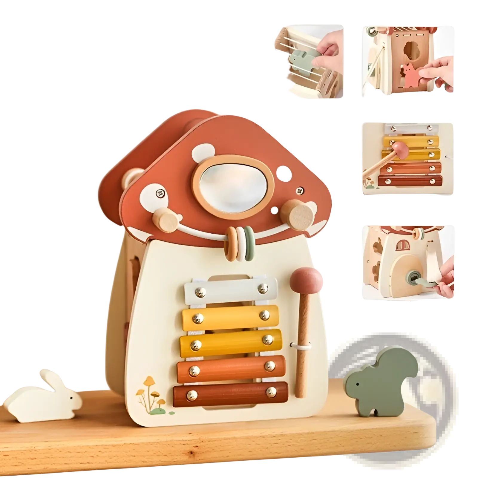 A charming mushroom 5 in 1 wooden activity cube puzzle toy with a colorful xylophone and animal classification features