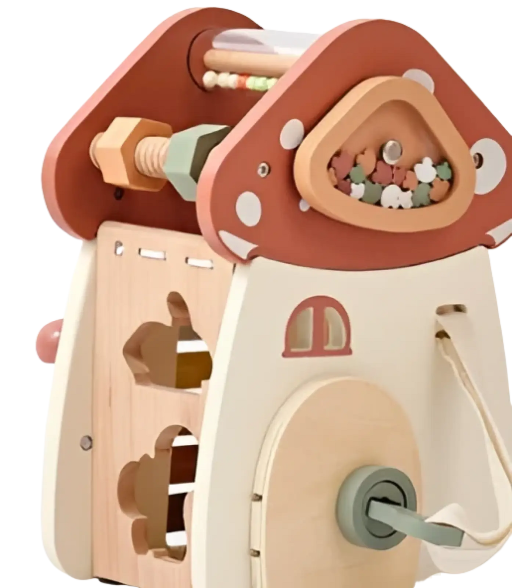 A charming mushroom 5 in 1 wooden activity cube puzzle toy in soft beige with colorful beads and geometric cutouts