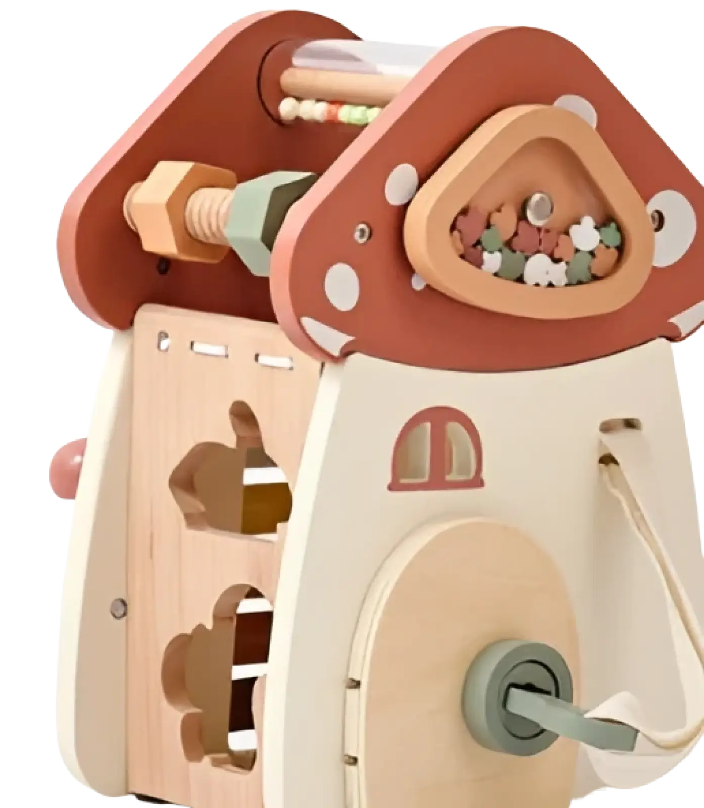 A charming mushroom 5 in 1 wooden activity cube puzzle toy in soft beige with colorful beads and geometric cutouts