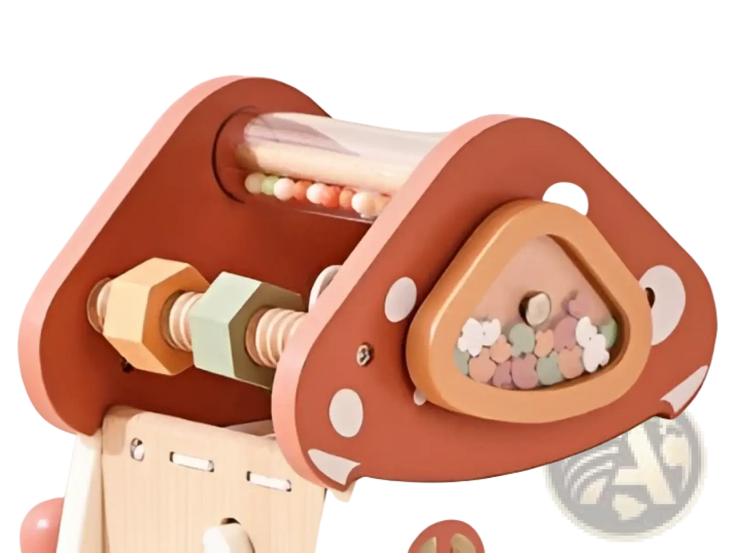 Wooden mushroom shaped baby activity center with colorful beads and geometric blocks in mushroom 5 in 1 activity cube puzzle toy