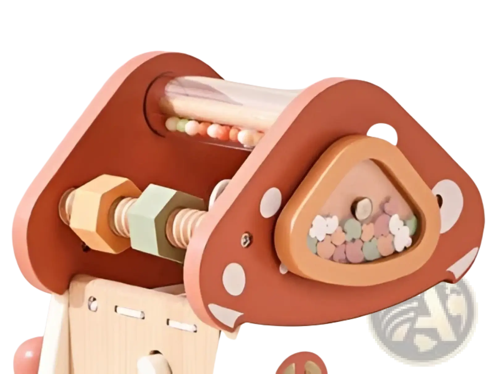 Wooden mushroom shaped baby activity center with colorful beads and geometric blocks in mushroom 5 in 1 activity cube puzzle toy