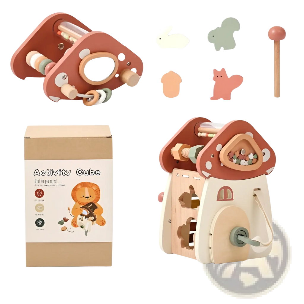 A charming mushroom 5 in 1 wooden activity cube puzzle toy with colorful beads and pastel animal cutouts