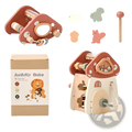 A charming mushroom 5 in 1 wooden activity cube puzzle toy with colorful beads and pastel animal cutouts