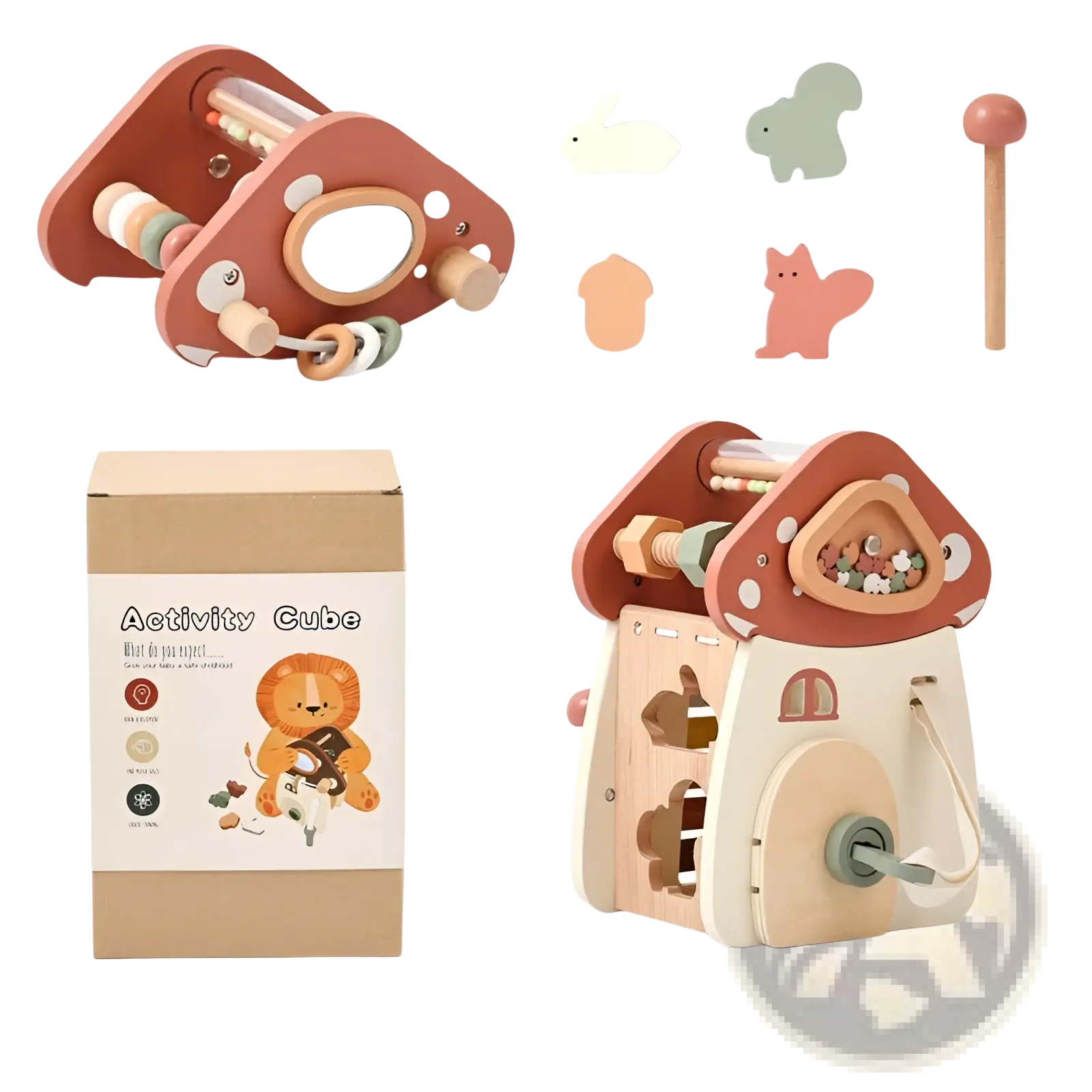 A charming mushroom 5 in 1 wooden activity cube puzzle toy with colorful beads and pastel animal cutouts