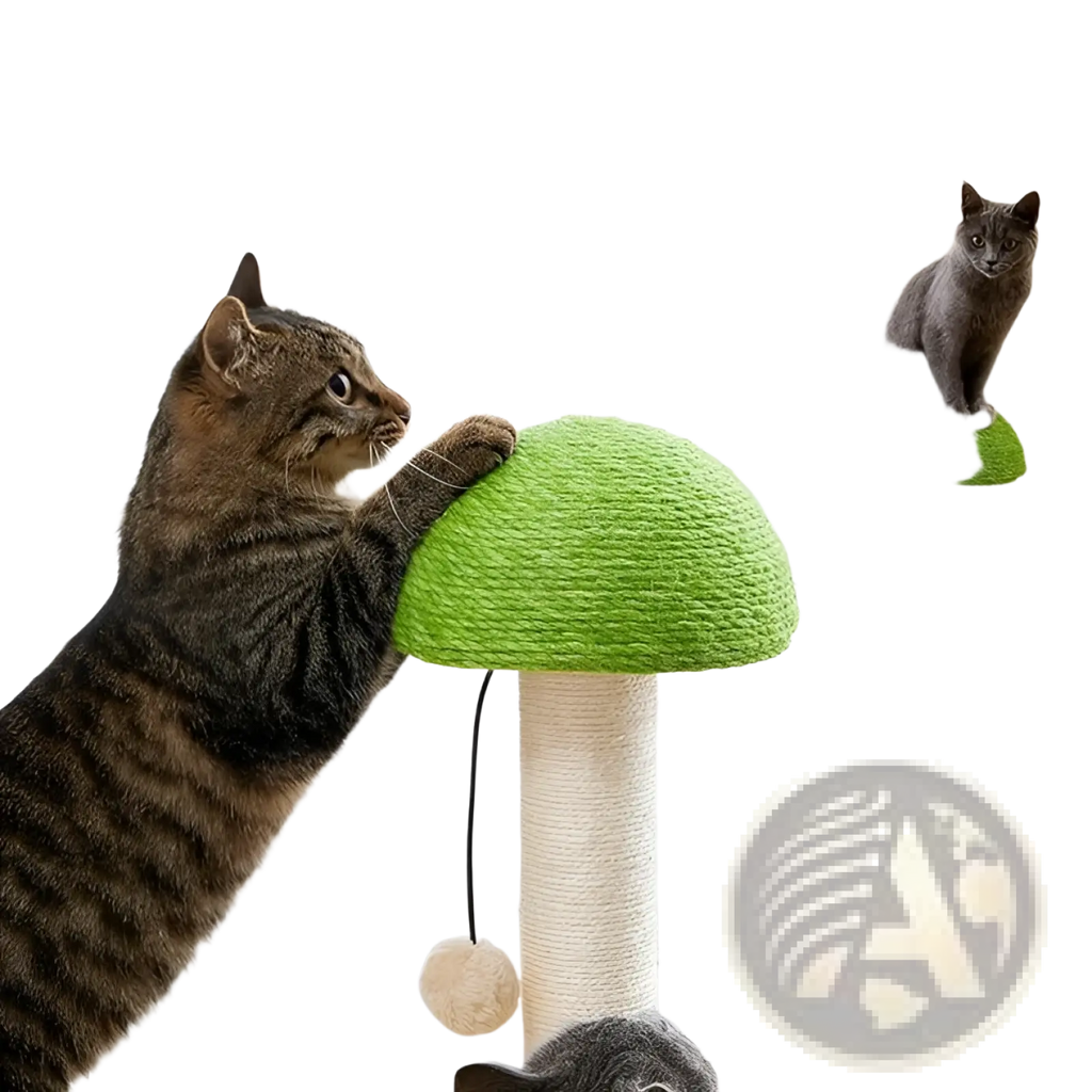 Mushroom cat scratching post with green natural sisal cap and beige textured base featuring a ball track