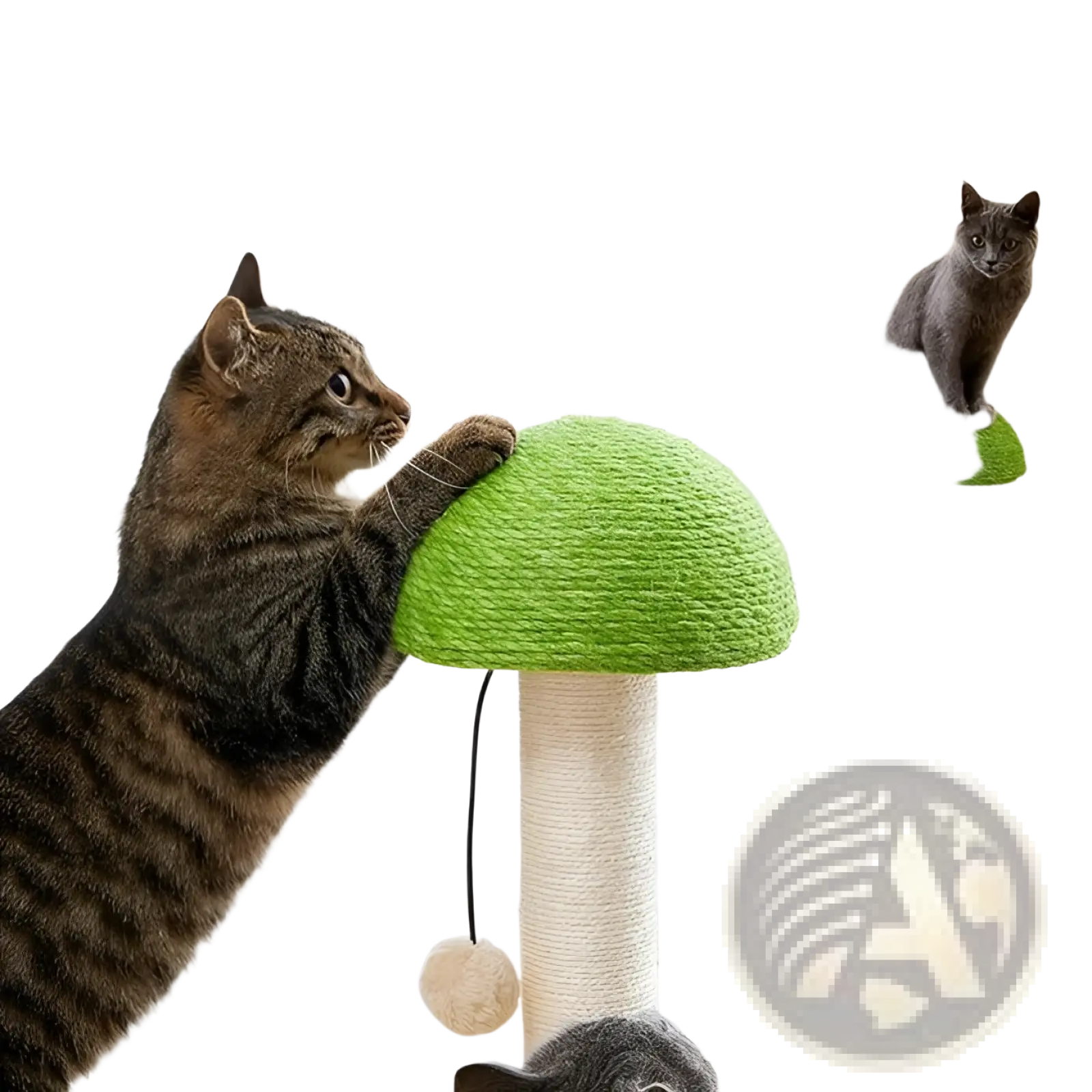 Mushroom cat scratching post with green natural sisal cap and beige textured base featuring a ball track