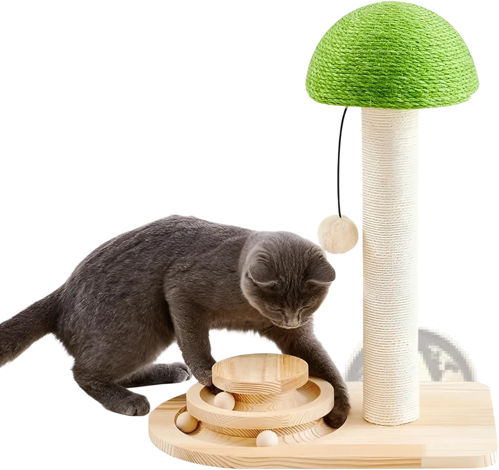 Green mushroom-shaped cat tree with beige scratching post and wooden base featuring a ball track for cats
