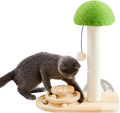 Green mushroom-shaped cat tree with beige scratching post and wooden base featuring a ball track for cats
