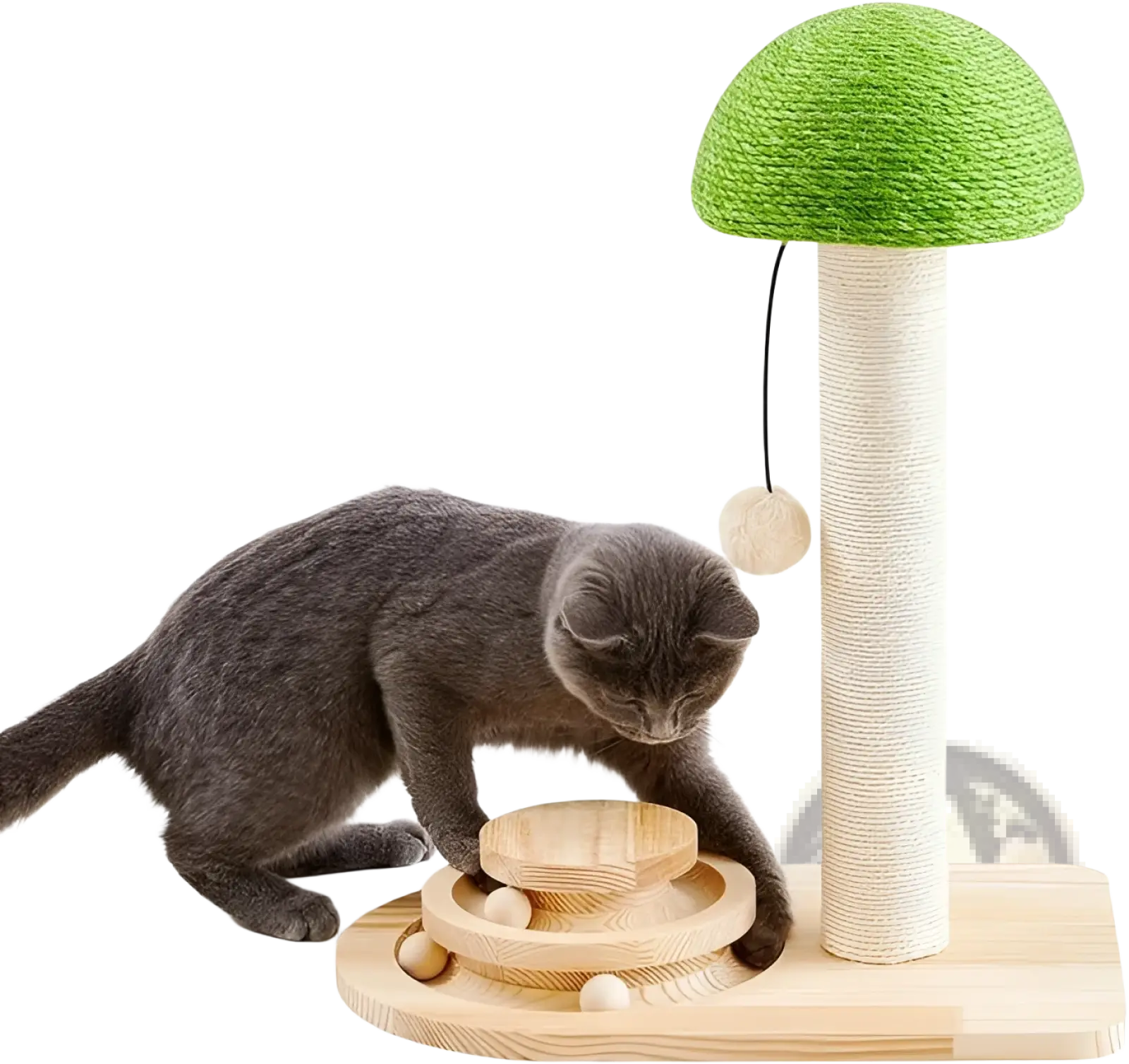 Green mushroom-shaped cat tree with beige scratching post and wooden base featuring a ball track for cats