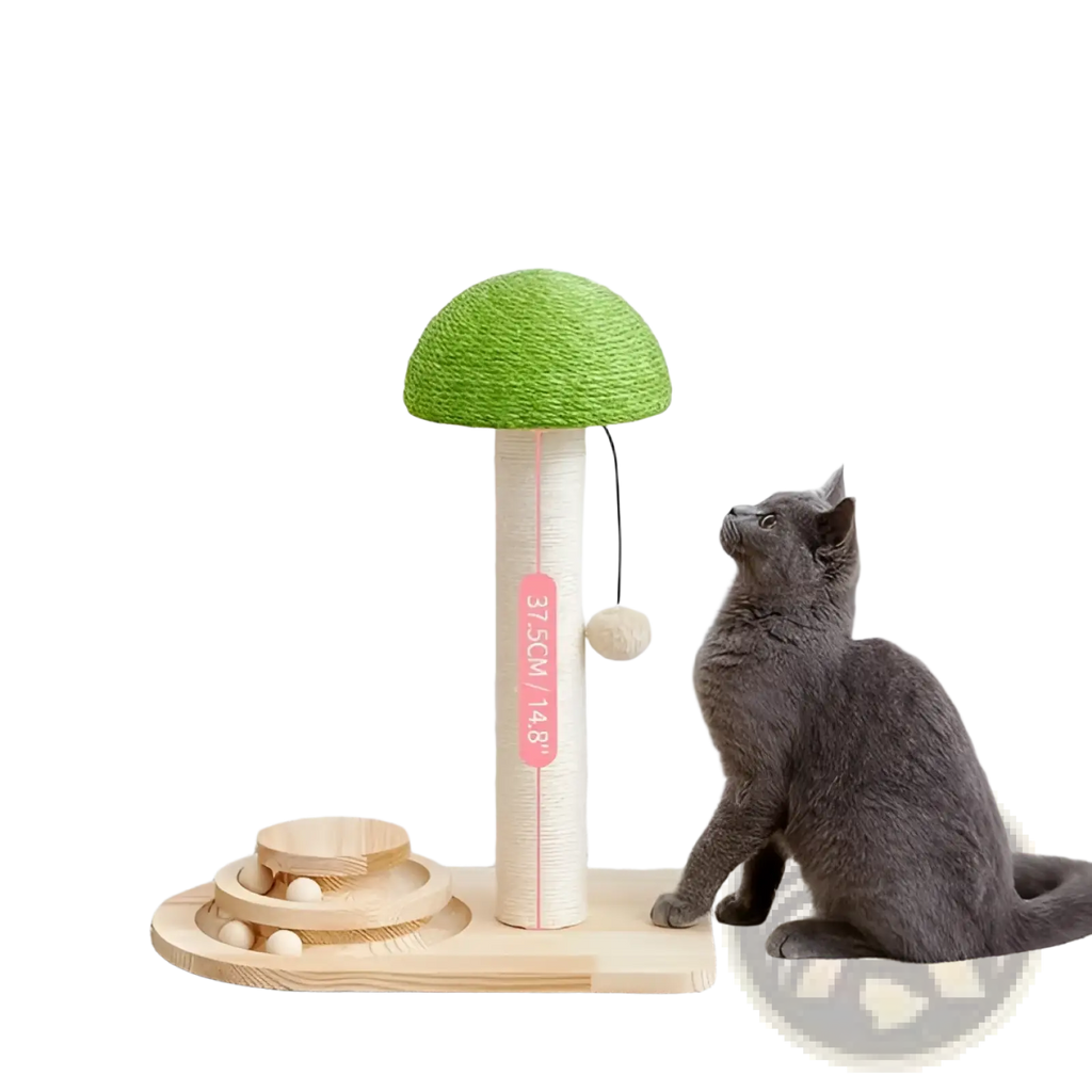 Green mushroom-shaped cat tree with beige scratching post and wooden base featuring a ball track for cats