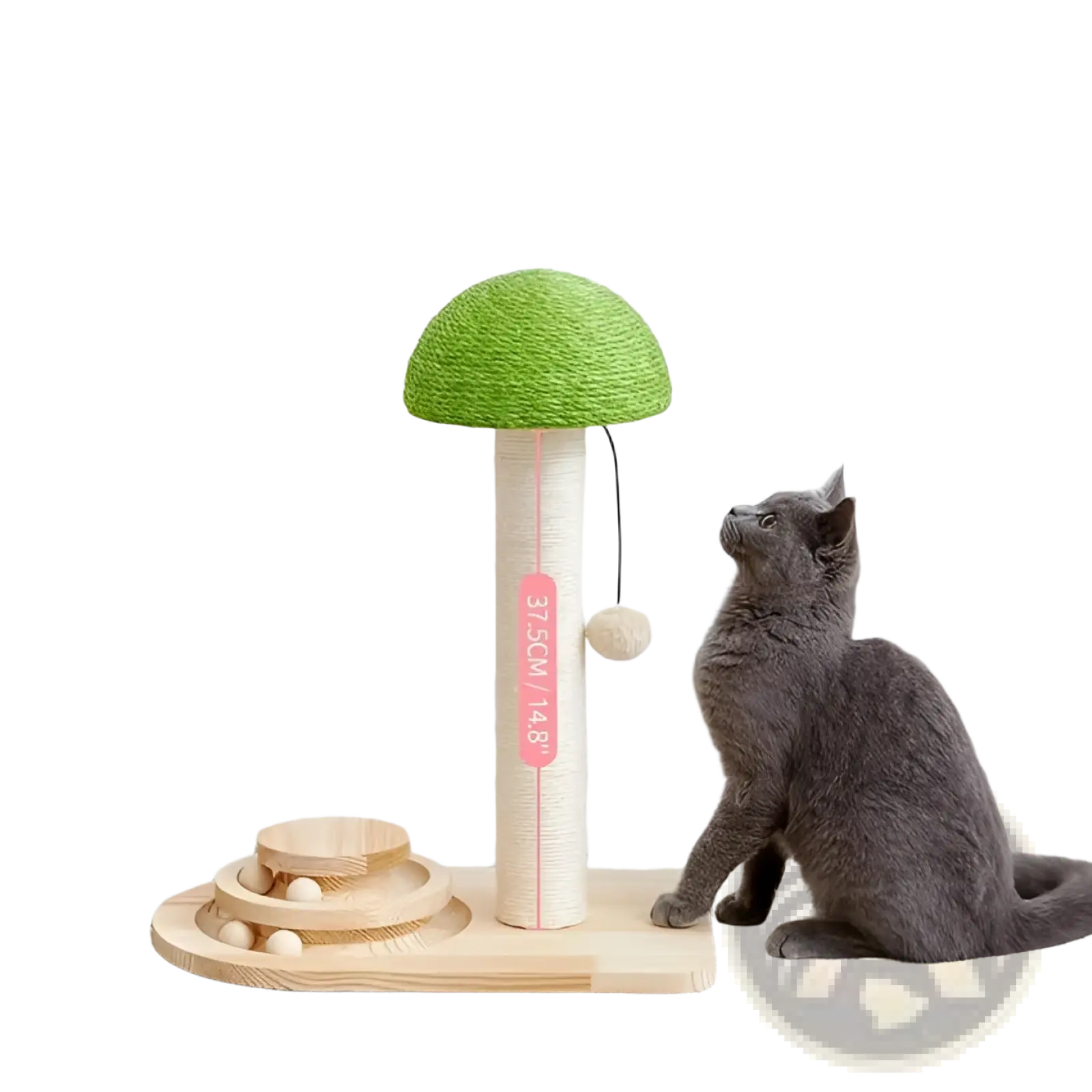 Green mushroom-shaped cat tree with beige scratching post and wooden base featuring a ball track for cats