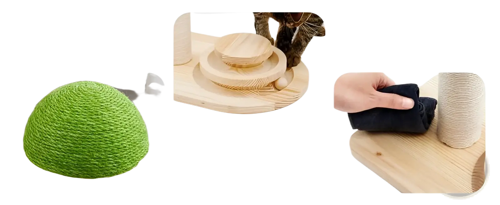 Mushroom cat scratching post with ball track featuring green sisal cover and solid wood base for durability