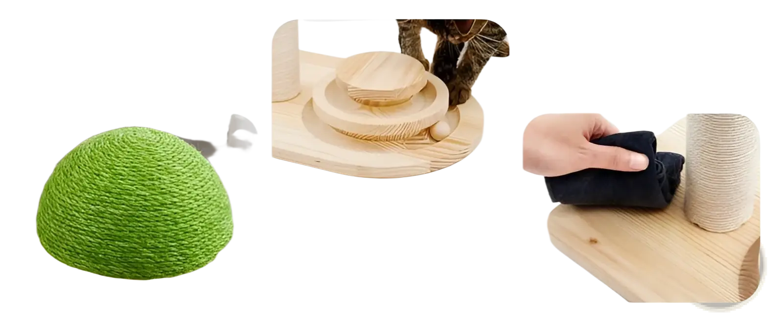 Mushroom cat scratching post with ball track featuring green sisal cover and solid wood base for durability