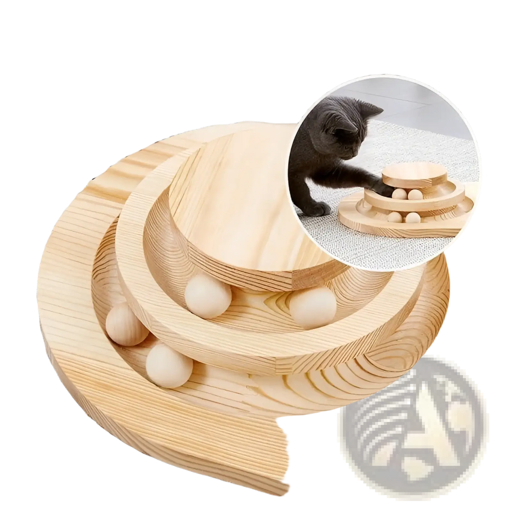 Light-colored wooden mushroom cat scratching post with interactive circular ball track and small spherical balls