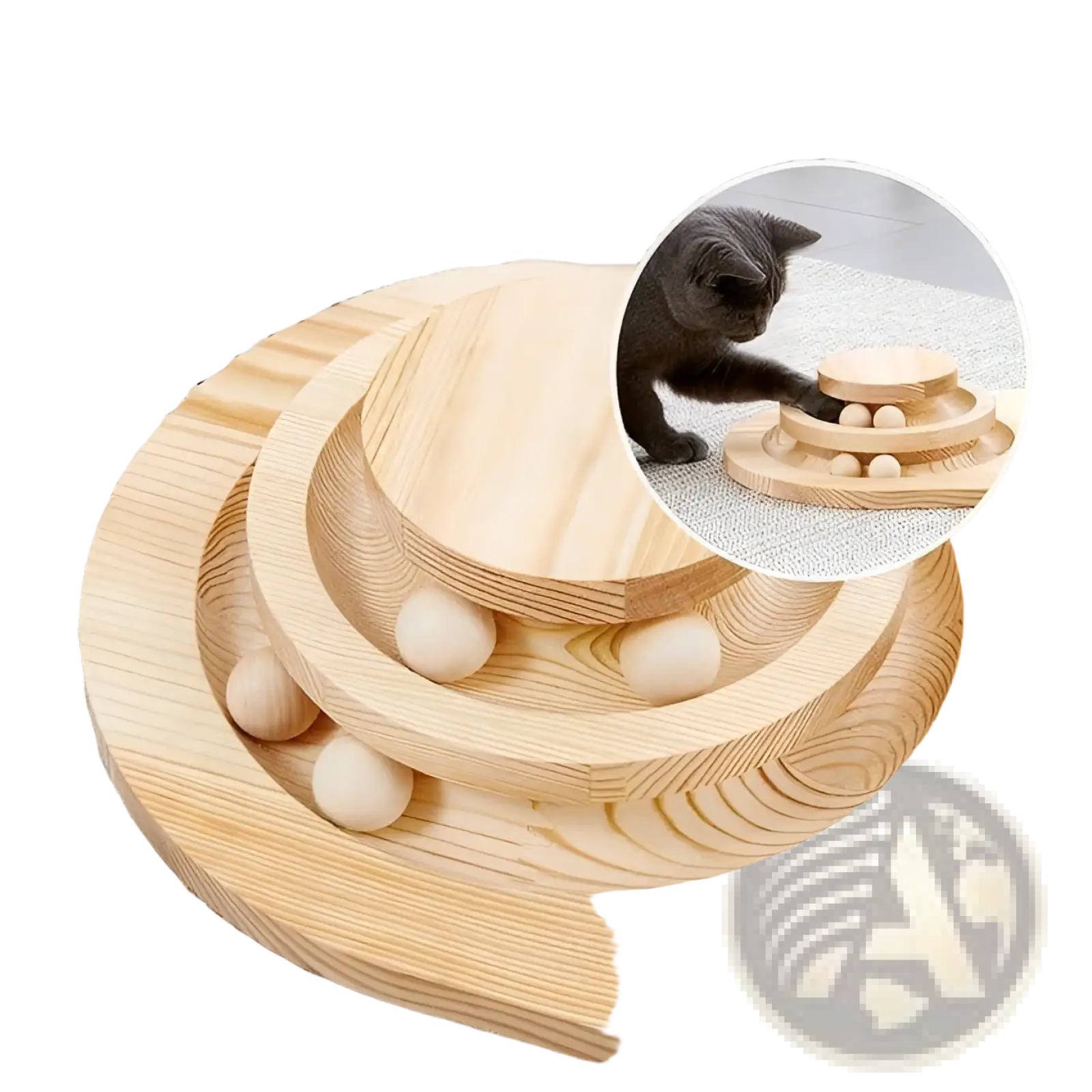 Light-colored wooden mushroom cat scratching post with interactive circular ball track and small spherical balls